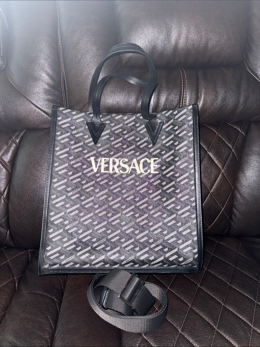 Versace Black and Gray Patterned Messenger Tote with Gold Logo